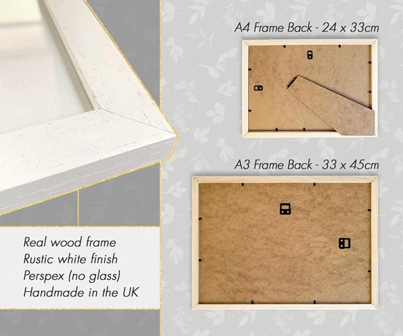 May include: A white wood picture frame with a rustic finish. The frame is made of real wood and has a perspex front. The frame is handmade in the UK and comes with a backing board. The backing board is shown in two sizes: 24 x 33 cm (A4) and 33 x 45 cm (A3).