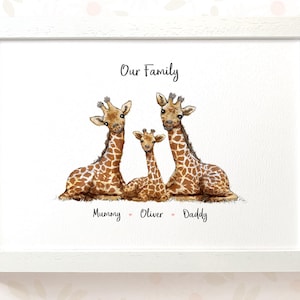 Personalised Giraffe Family Portrait Print, Custom Animal Family, Gift for Mum Dad Grandparents, Safari Nursery Wall Art