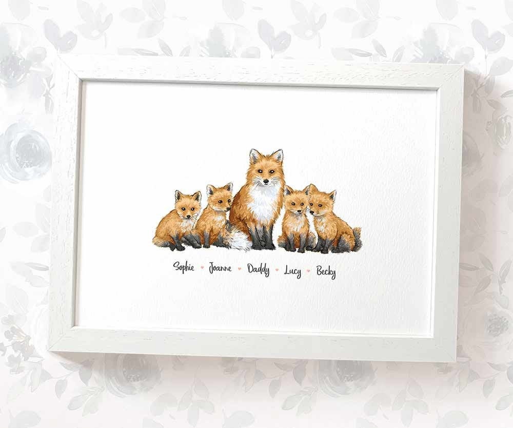 Fox Family Portrait Print With Any Names, Mothers Day Gifts for Mum,  Personalised Birthday Present for Mother in Law 