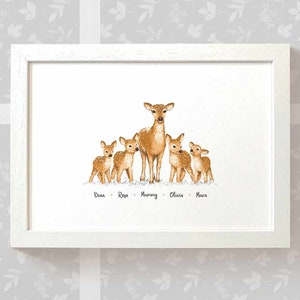 Deer family portrait print with any names, mothers day gifts for mum,  personalised birthday present for mother in law