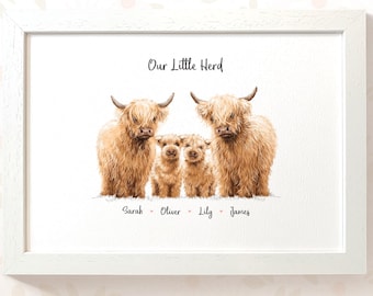Personalised Highland Cow Family Portrait Print, Custom Farmhouse Animal Family, Gift for Mum Dad Grandparents, Rustic Country Wall Art
