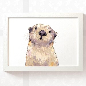 May include: A watercolour illustration of a sea otter with brown fur and a white chest. The otter is looking up at the viewer with a curious expression.