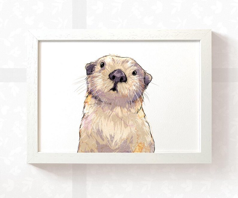 May include: A watercolour illustration of a sea otter with brown fur and a white chest. The otter is looking up at the viewer with a curious expression.
