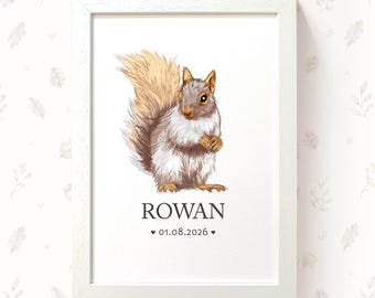 Personalised Squirrel Baby Name Print, Woodland Nursery Print, Custom Nursery Wall Art, New Baby Gift