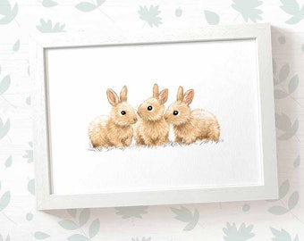 Triplet rabbit print woodland nursery decor, woodland baby shower gift, bunny triplet baby gift woodland nursery prints new mum gift