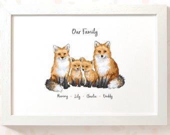 Personalised Fox Family Portrait Print, Custom Animal Family, Gift for Mum Dad Grandparents, Woodland Wall Art