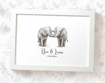 Elephant Art Print with Names and Anniversary Date, Perfect for 14 Years Ivory Anniversary Gift or Wedding Gift for Elephant Lovers