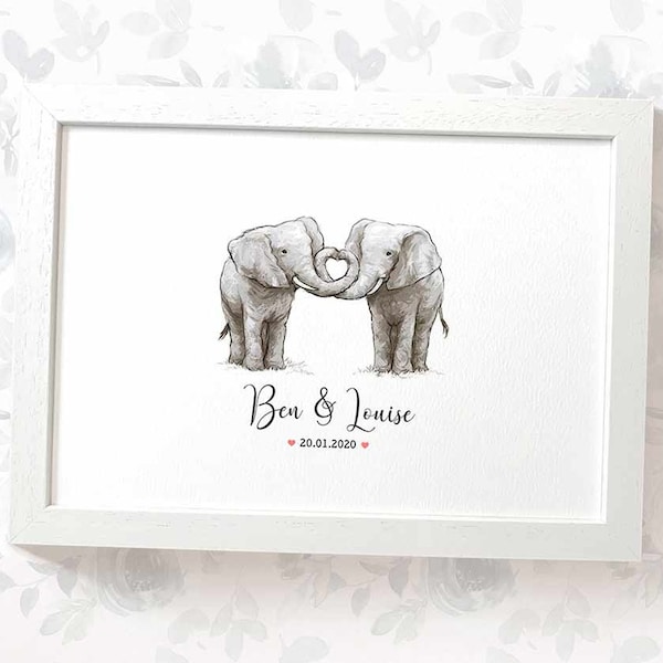 Elephant Art Print with Names and Anniversary Date, Perfect for 14 Years Ivory Anniversary Gift or Wedding Gift for Elephant Lovers