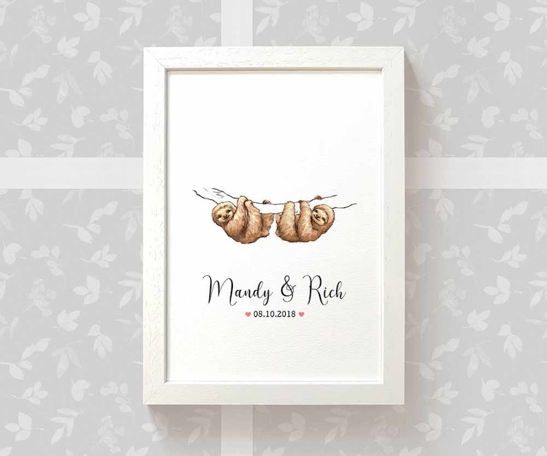 Sloth Wedding Gifts, Personalised Print Engagement Gifts or 1st Anniversary Gift for Her, Valentines Day Gift for Him image 5