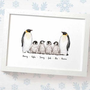 Penguin family portrait print with any names, mothers day gifts for mum or dad, personalised grandparent gifts, mother in law gift