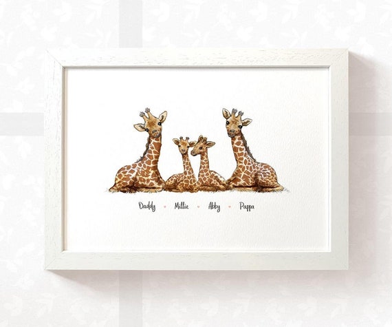 Family of 4 Giraffe Nursery Art PrintNew Baby Gift for FamilyUnframed 
