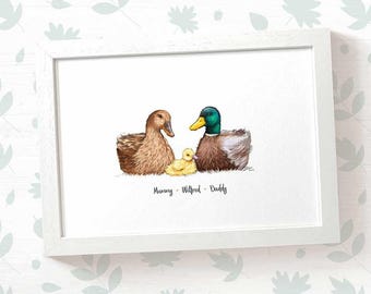 Personalised Duck Family Portrait Print – Custom Mallard Art Gift