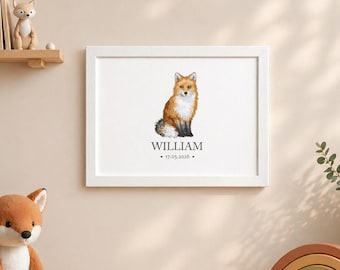 Personalised Fox Baby Name Print, Woodland Nursery Wall Art, Custom New Baby Gift, Fox Nursery Decor, Baby Boy or Girl Name Print