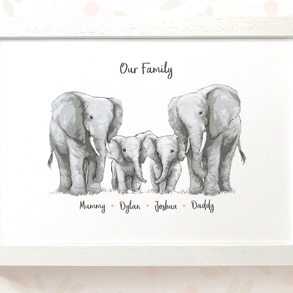 Lámina personalizada con retrato de una familia de elefantes, familia de animales a medida, regalo para mamá, papá y abuelos, decoración de pared para familias con temática de safari.