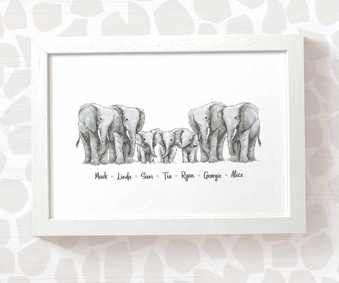 Elephant Family Portrait Print With Any Names Christmas Gifts