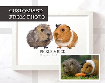 Personalised Guinea Pigs print with fur colours and patterns customised from photo, Memorial pet loss wall art with custom name and message