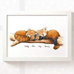 Red Panda print family of 4, zoo animal nursery twin baby shower gift, twin baby gift christening, 1st birthday gift jungle nursery decor