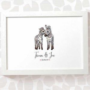 Zebra Wedding Gifts, Personalised Print Engagement Gifts or 1st Anniversary Gift for Her, Valentines Day Gift for Him