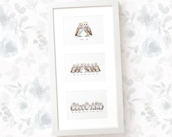 Owl Family Tree Set of 3 Prints – Personalised Family Artwork, 50th Anniversary or Mother’s Day Gift for Parents