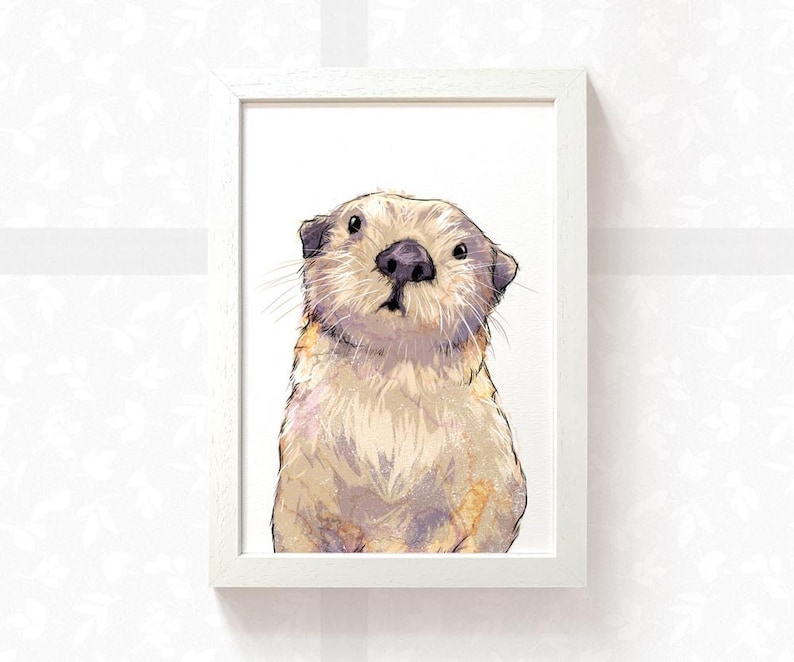 May include: A watercolour painting of a sea otter with light brown and white fur, looking up with a curious expression. The otter has a small black nose and dark eyes.