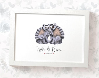 Custom Ring-Tailed Lemur Couple Print – Personalised Wedding or Anniversary Gift