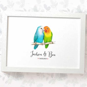 Lovebird Wedding Gifts, Personalised Bird Print Engagement Gifts or 1st Anniversary Gift for Her, Valentines Day Gift for Him