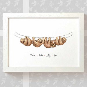 Four baby sloths framed A3 family print with names for a unique baby shower gift