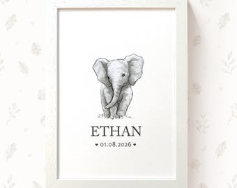 Personalised Elephant Baby Name Print, Custom Elephant Nursery Wall Art, Safari Baby Decor, New Baby Gift, Christening Gift