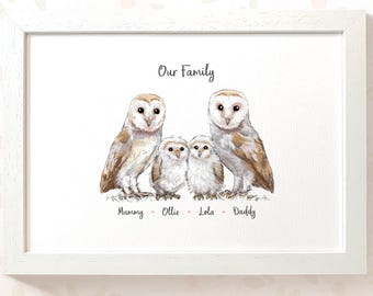 Personalised Owl Family Portrait Print, Custom Animal Family, Gift for Mum Dad Grandparents, Nursery Wall Art