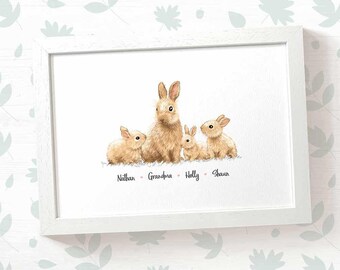 Personalised Bunny Rabbit Family Portrait Print – Custom Woodland Art Gift
