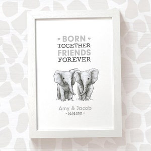 Twin Elephants baby name print "Born Together Friends Forever" Elephant twin baby birthday gift, baby birth print letterbox gift for new mum