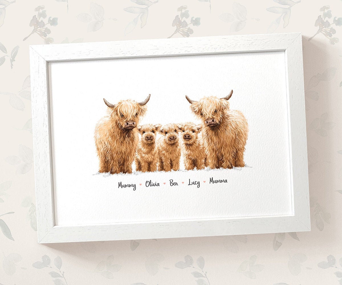 Highland Cow Family Portrait Print With Any Names Christmas picture