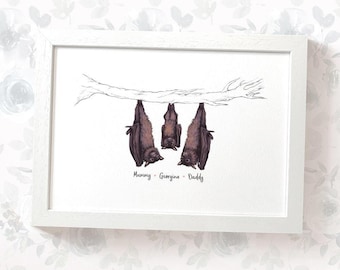 Personalised Bat Family Portrait Print – Custom Wildlife Art Gift