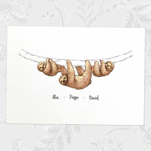 Sloth A3 family print featuring dad and 2 children personalised with names for the best fathers day gift