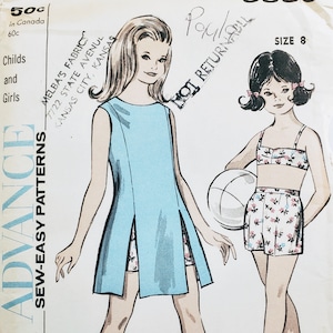 Vintage Advance 3556 girls&#39; dress, shorts, and bra sewing pattern Size 8 100% complete 1960s