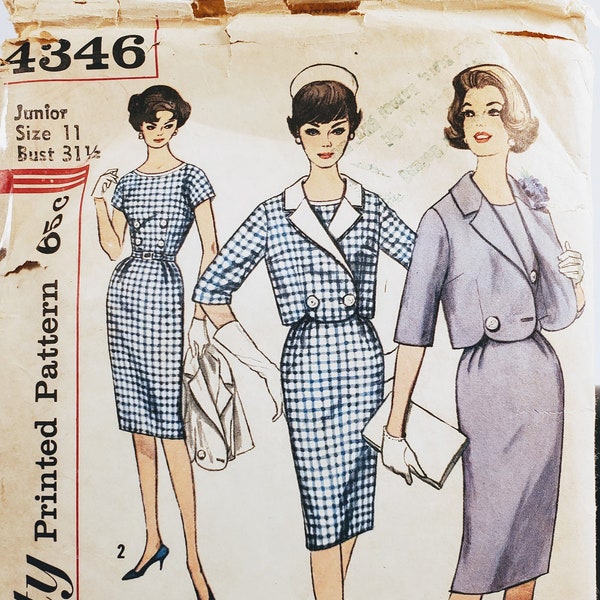 Vintage Simplicity 4346 junior dress and jacket with detachable collar sewing pattern Size 11 Bust 31 1/2 inches 100% complete 1950s