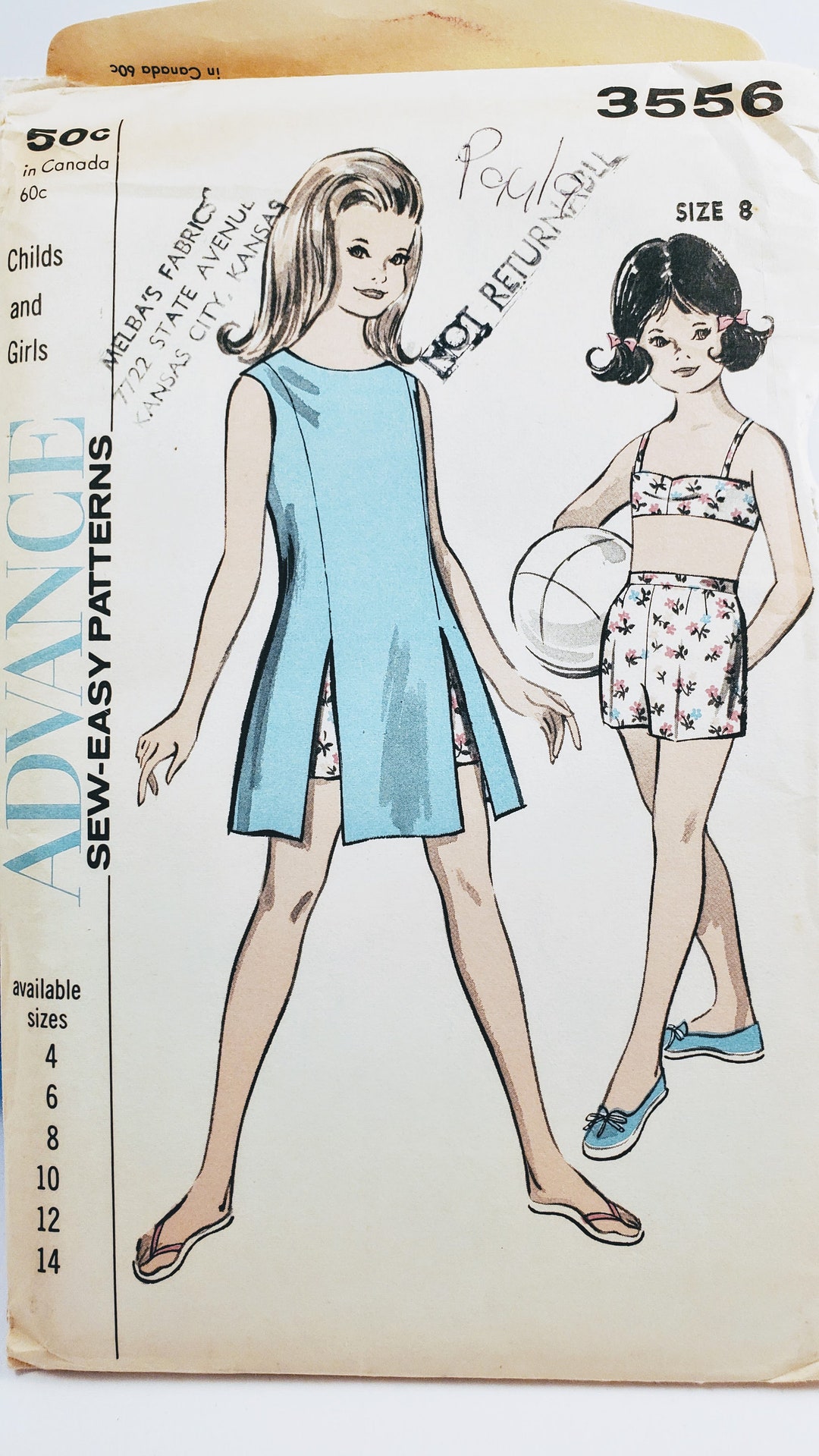 Vintage 1960s Advance Sewing Pattern 3556, Girls' Dress, Shorts