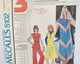 1970s McCall's 5102 Sewing Pattern, Dress Top Pants, Bust 34