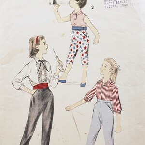 May include: Vintage sewing pattern featuring illustrations of children's clothing. The pattern includes drawings of a sleeveless shirt and star-print shorts, a blouse with pants, and a striped shirt with pants. The pattern is size 4.
