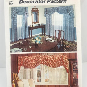 May include: Simplicity sewing pattern number 6196 for a decorator pattern. The pattern includes instructions for making two different window treatments. The first window treatment is a blue and white patterned valance with a gathered design. The second window treatment is a red and white patterned valance with a gathered design. The pattern is for one size.