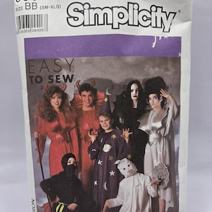 May include: A Simplicity sewing pattern envelope 9304, size BB (SM-XLG), featuring an Easy to Sew collection of Halloween costumes. The cover displays seven individuals in various outfits, including a devil, wizard, ninja, ghost, and other characters.