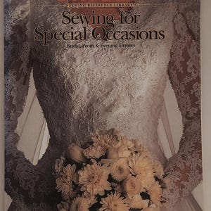 May include: A book cover featuring a bride in a white lace wedding dress holding a bouquet of flowers. The book title reads "Sewing for Special Occasions" with the Singer logo at the top. The cover is predominantly white and cream.