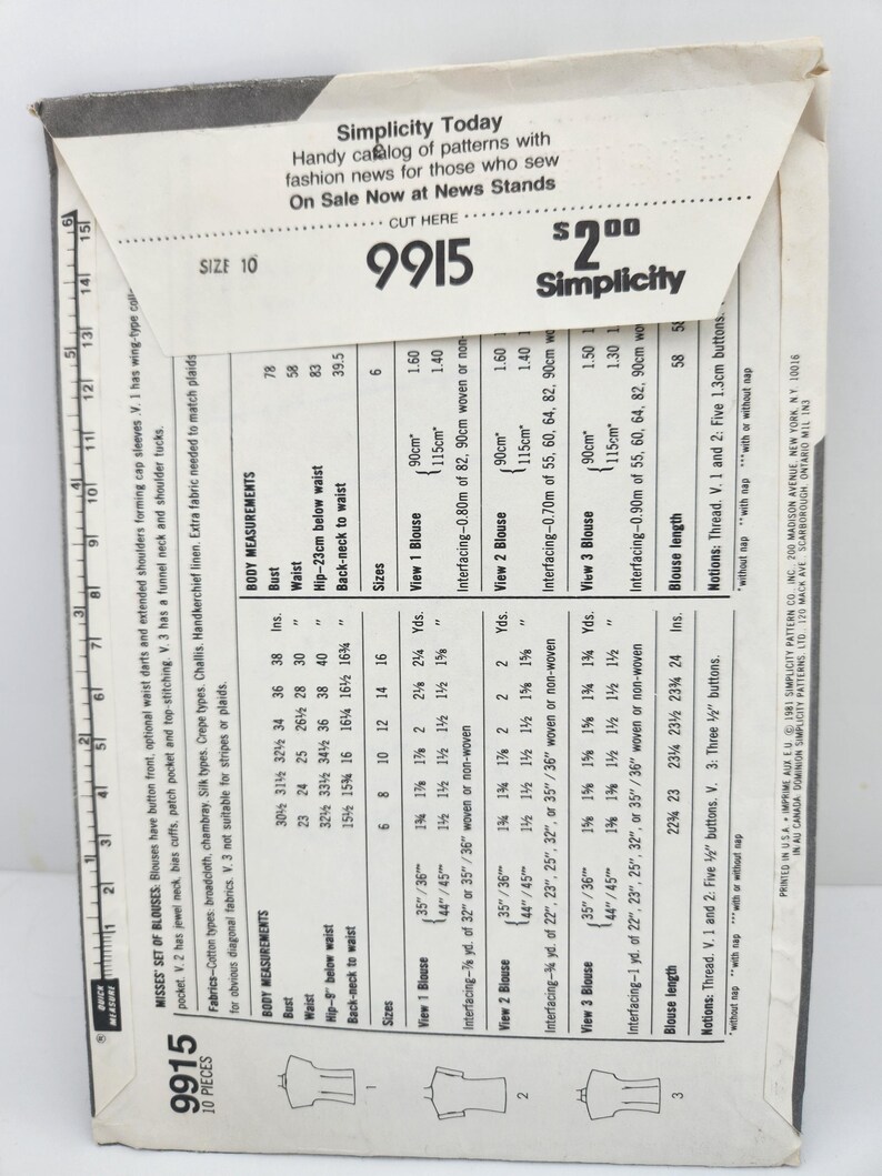 Vintage 1980s Simplicity Sewing Pattern 9915: Blouse Top, Size 10 - Etsy