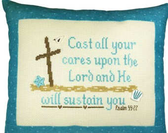 Deposita todas tus preocupaciones sobre el Señor, mini almohada de punto de cruz terminada, estante terminado