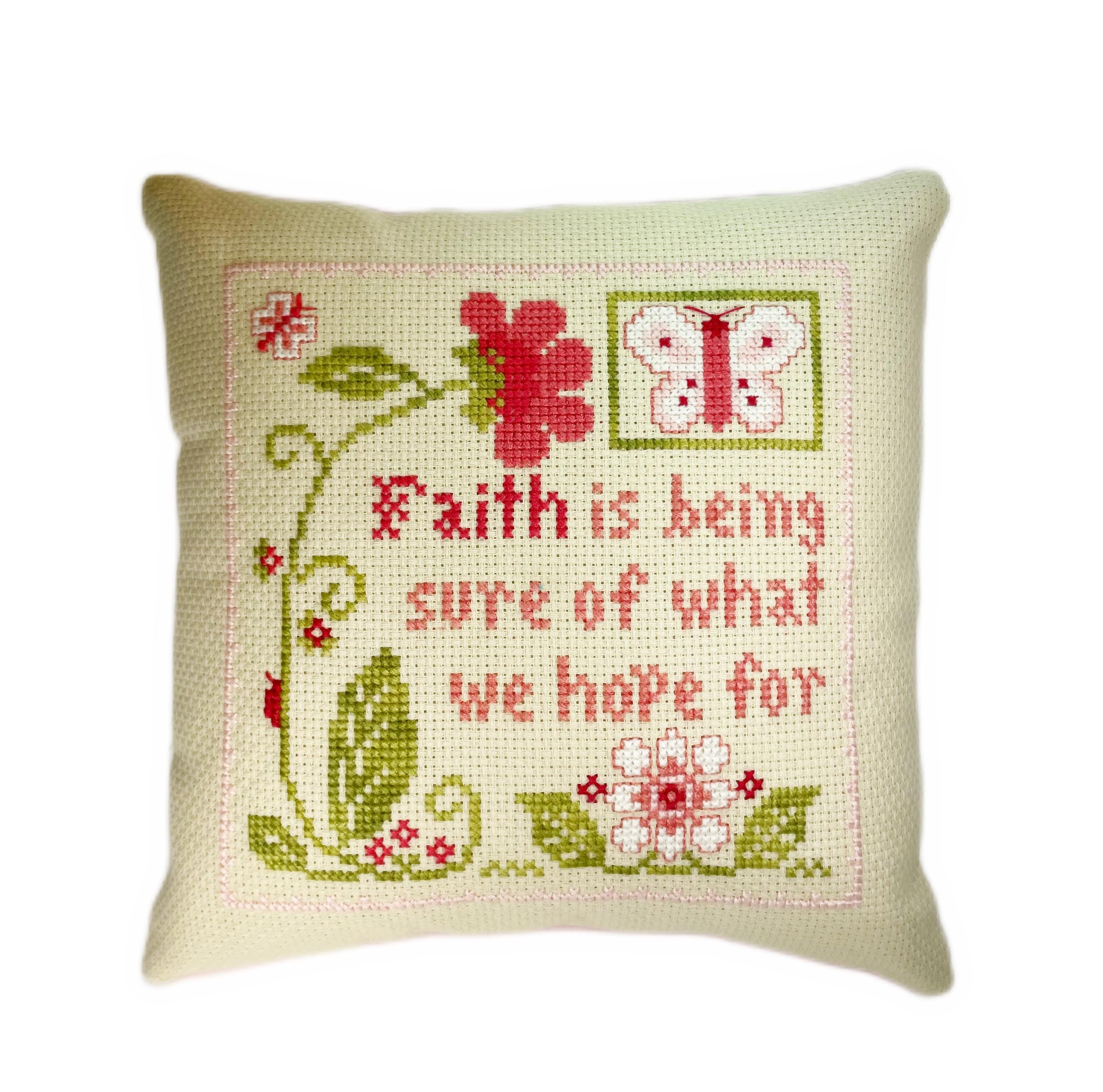 Faith is being sure of what we hope for handmade cross stitch mini pillow, friend gift, finished completed decor pillow