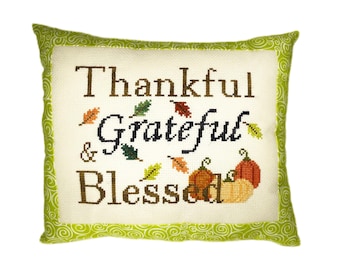 Thankful Grateful and Blssed autumn completed cross stitch pillow, finished handmade Thanksgiving shelf sitter