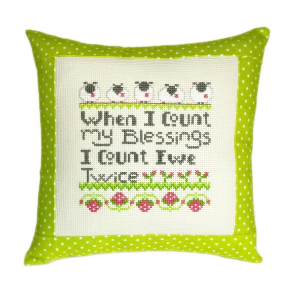 When I Count My Blessings finished cross stitch pillow, completed friend gift, finished cross stitch, shelf sitter
