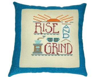 Mini almohada de café con bordado de cruz Rise and Grind, terminada, hecha a mano, terminada, para colocar en un estante