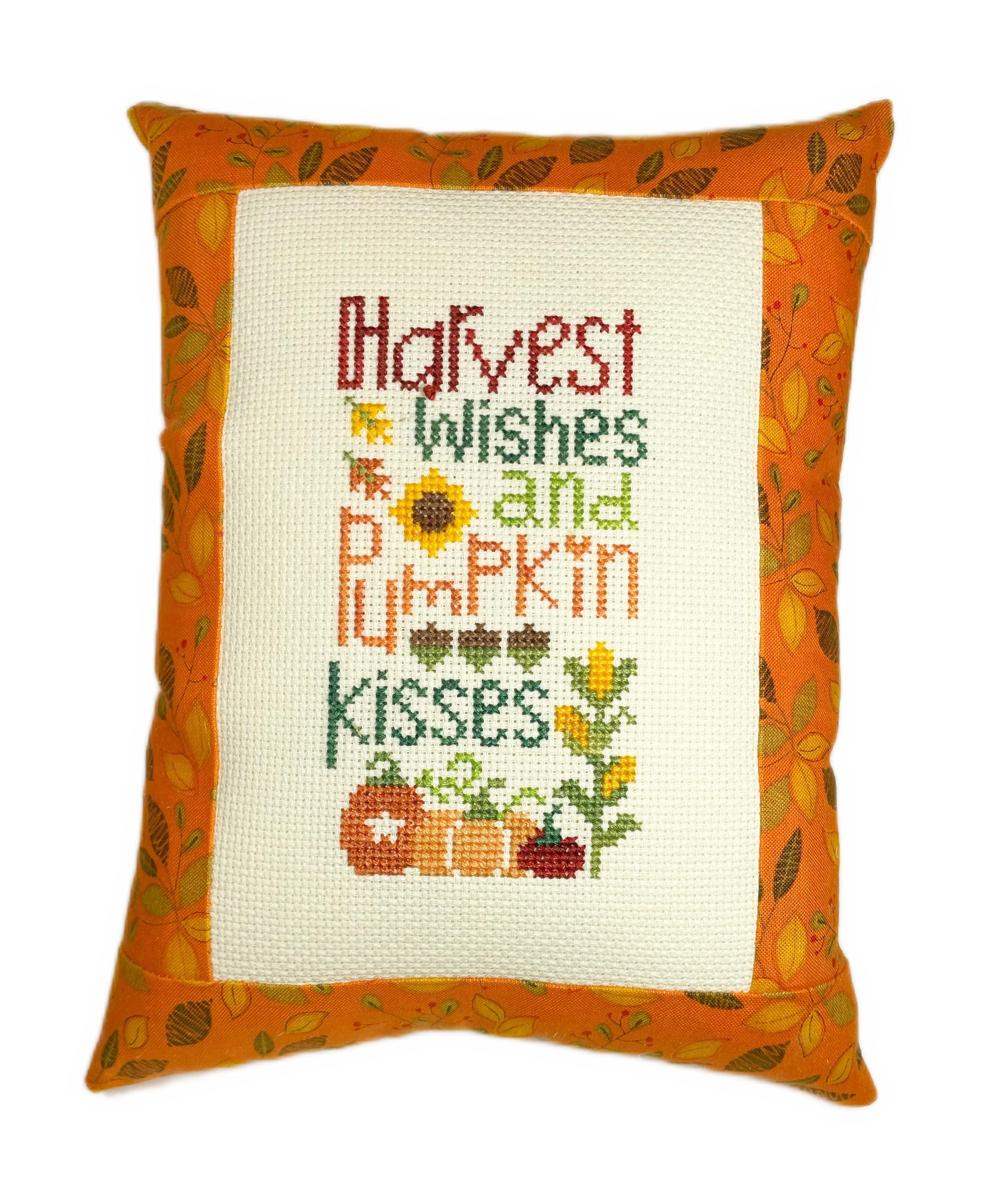 Harvest Wishes handmade cross stitch mini pillow, finished fall decor pillow, shelf sitter
