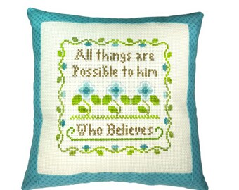 Mini almohada de punto de cruz hecha a mano "All Things Are Possible", regalo para amigos, almohada decorativa terminada.